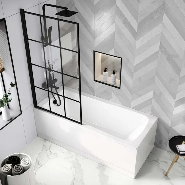 Hereford Square Shower Bath 1500x700 & 6mm Easy Clean Matt Black Grid Bath Screen