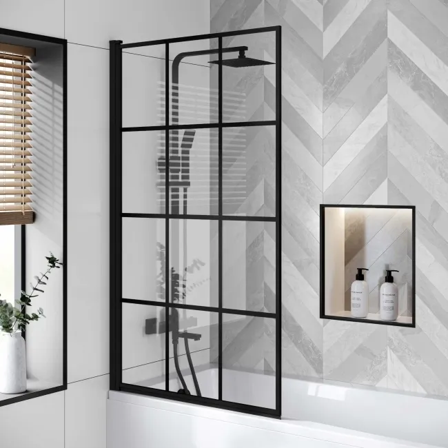 Hereford Square Shower Bath 1600x700 & 6mm Easy Clean Matt Black Grid Bath Screen