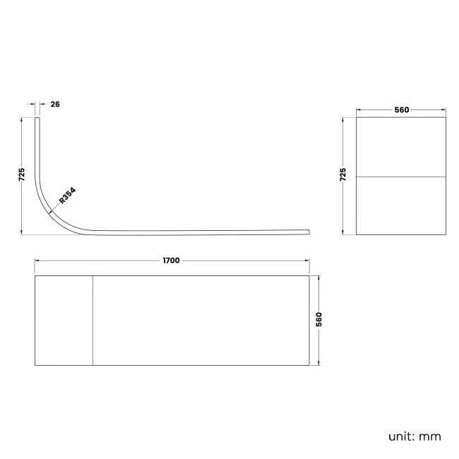 Oakham 1700 Space Saving Shower Bath & 6mm Easy Clean Screen with Rail - Left Handed
