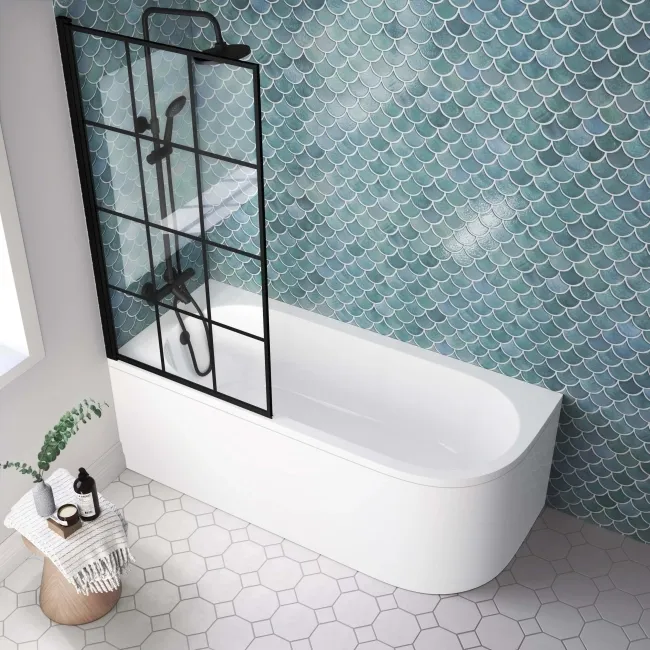 Oakham Space Saving Shower Bath 1700 & 6mm Easy Clean Matt Black Grid Bath Screen - Left Handed