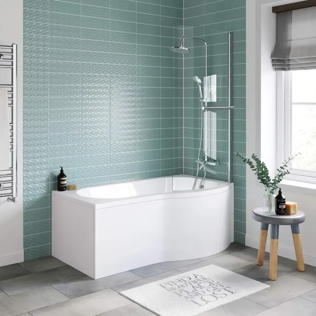 P Shaped 1500 Shower Bath with Front Panel & 4mm Screen with Rail - Right Handed