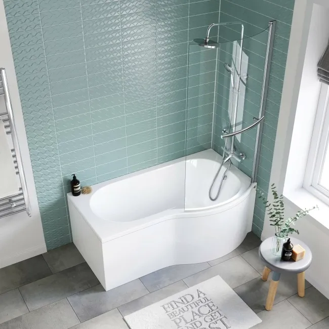P Shaped 1500 Shower Bath with Front Panel & 4mm Screen with Rail - Right Handed
