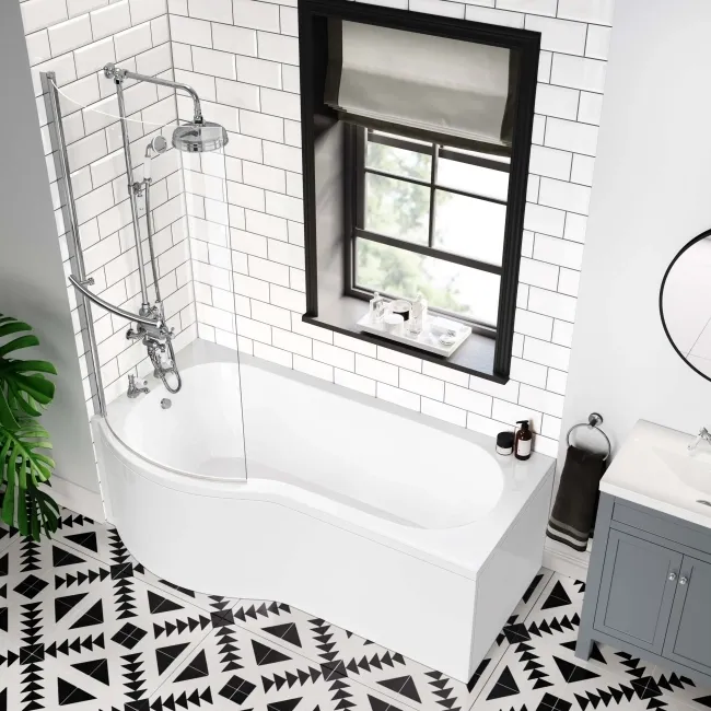 P Shaped 1700 Shower Bath with Front Panel & 6mm Easy Clean Screen with Rail - Left Handed