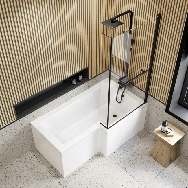 L Shaped 1600 Shower Bath & 6mm Matt Black Easy Clean Screen with Rail - Right Handed