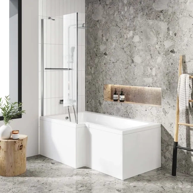 L Shaped 1500 Shower Bath with Front Panel & 4mm Fixed Screen with Rail - Left Handed