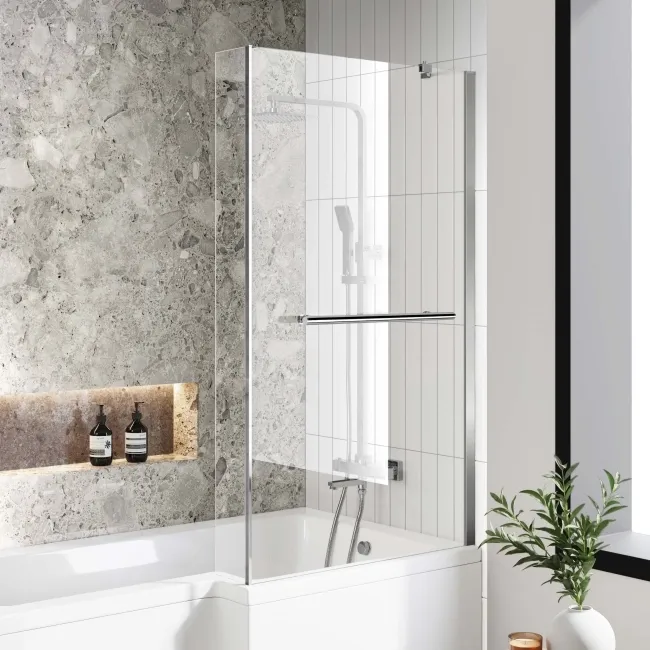 L Shaped 1500 Shower Bath with Front Panel & 4mm Fixed Screen with Rail - Right Handed