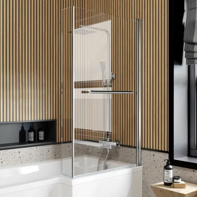 L Shaped 1500 Shower Bath with Front Panel & 6mm Easy Clean Screen with Rail - Right Handed