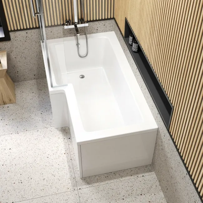 L Shaped 1600 Shower Bath with Front Panel & 6mm Easy Clean Screen with Rail - Left Handed