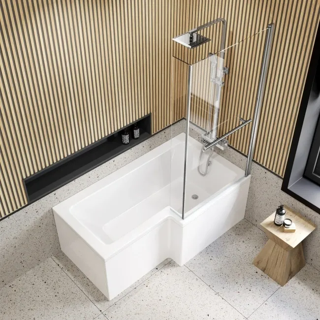L Shaped 1600 Shower Bath with Front Panel & 6mm Easy Clean Screen with Rail - Right Handed