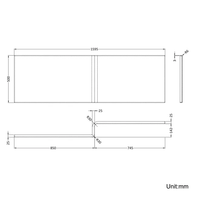 L Shaped 1600 Shower Bath with Front Panel & 6mm Easy Clean Screen with Rail - Right Handed