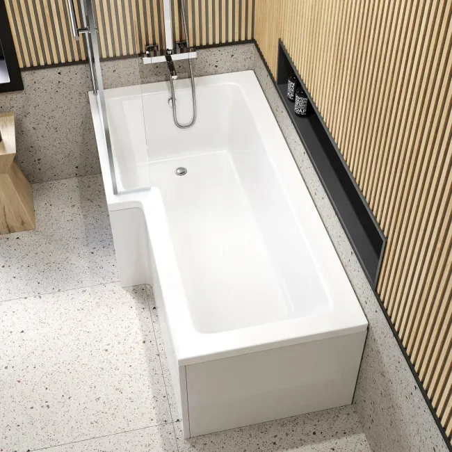 L Shaped 1700 Shower Bath with Front Panel & 6mm Easy Clean Screen with Rail - Left Handed