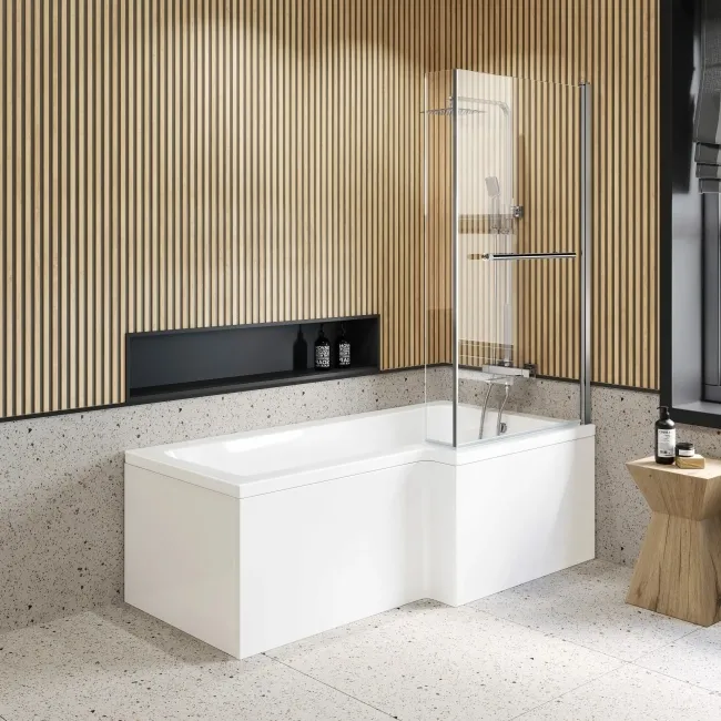 L Shaped 1700 Shower Bath with Front Panel & 6mm Easy Clean Screen with Rail - Right Handed