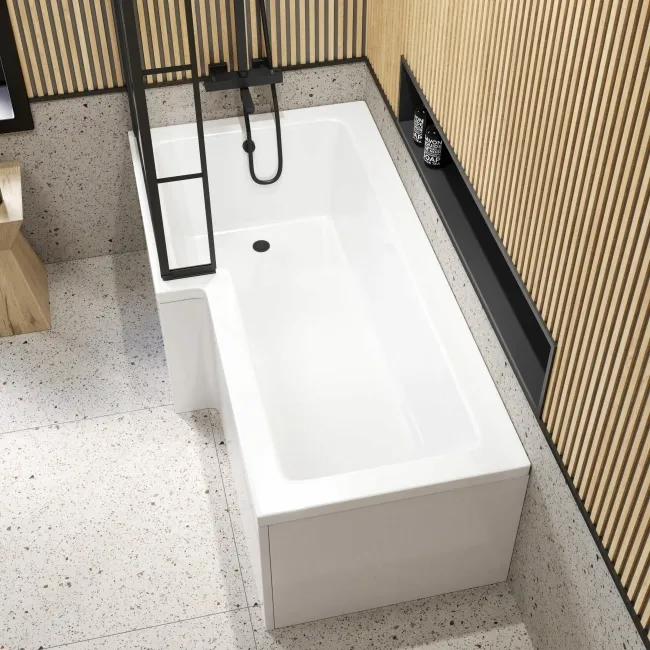 L Shaped 1700 Shower Bath & 6mm Easy Clean Matt Black Grid Bath Screen - Left Handed