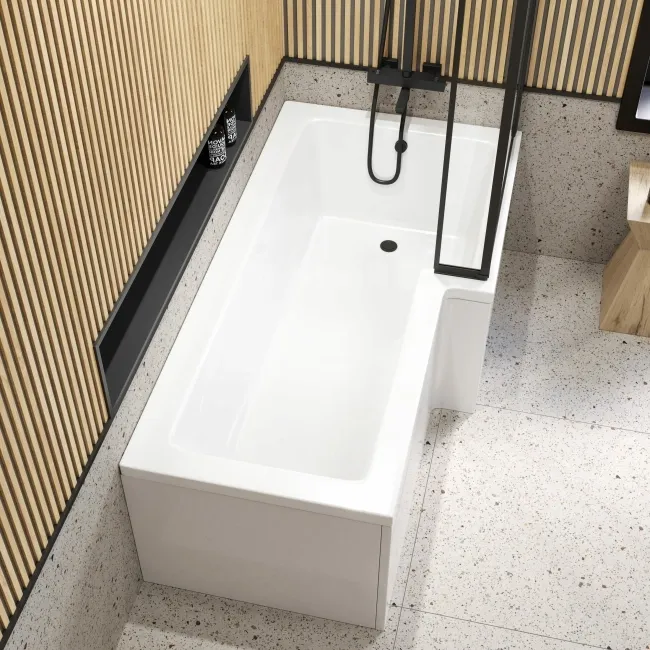L Shaped 1700 Shower Bath with Front Panel & 6mm Easy Clean Matt Black Framed Bath Screen - Right Handed