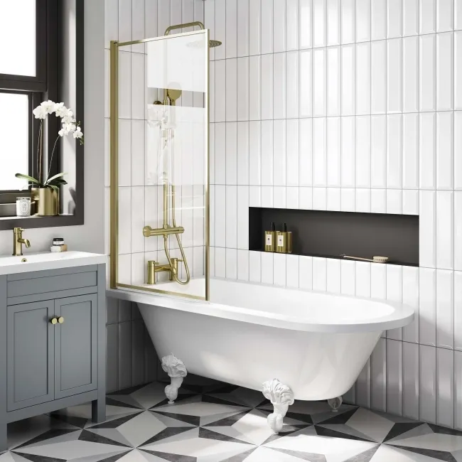 Abingdon 1700 Roll Top Shower Bath - White Ball Feet & 6mm Easy Clean Brushed Brass Framed Screen