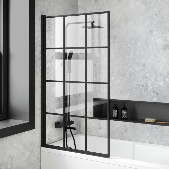 Dover 1500x750 Keyhole Shower Bath & 6mm Easy Clean Matt Black Grid Bath Screen