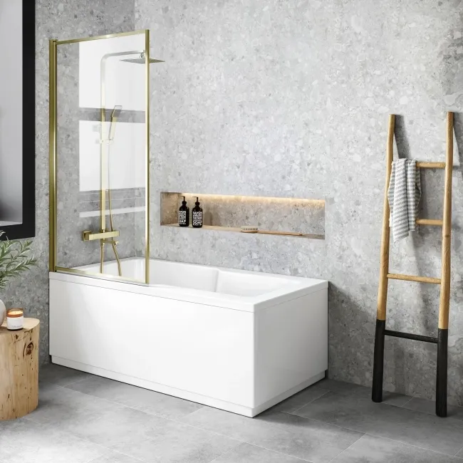 Dover 1600x750 Keyhole Shower Bath & 6mm Easy Clean Brushed Brass Framed Bath Screen