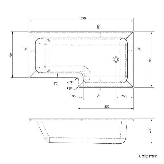 L Shaped 1600 Shower Bath & 6mm Easy Clean Brushed Brass Bath Screen - Right Handed