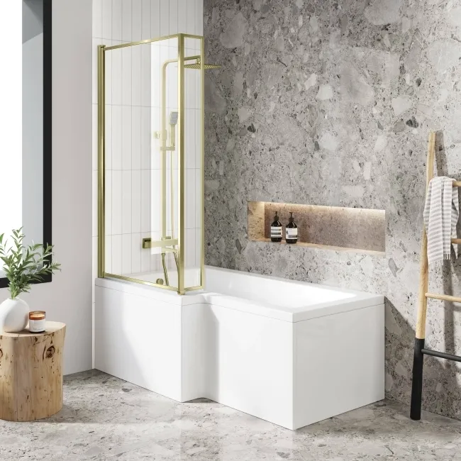 L Shaped 1500 Shower Bath with Front Panel & 6mm Easy Clean Brushed Brass Bath Screen - Left Handed