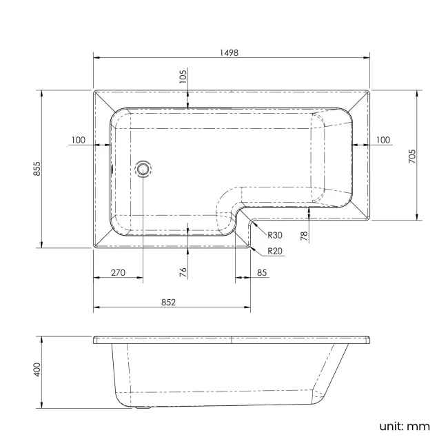 L Shaped 1500 Shower Bath with Front Panel & 6mm Easy Clean Brushed Brass Bath Screen - Left Handed