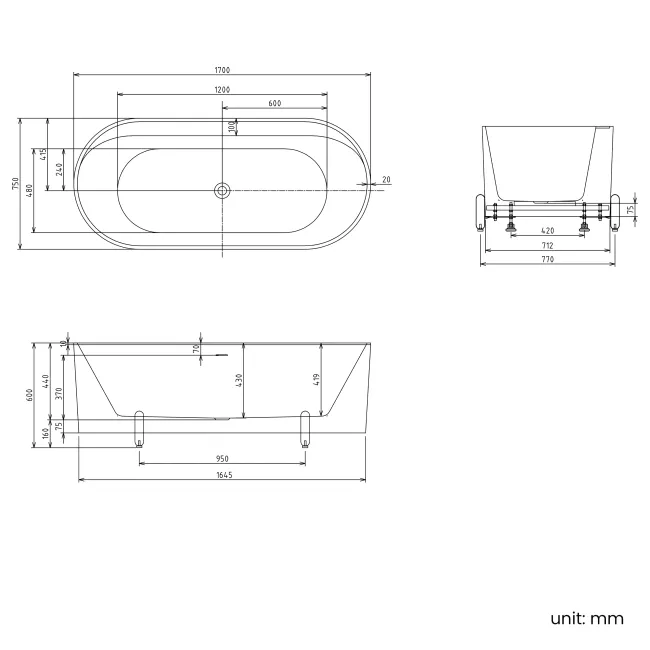 Shore 1700 Matt White Freestanding Bath - Gunmetal Feet