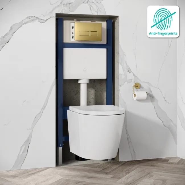 Idaho Pneumatic Wall Hung Toilet Frame and Concealed Cistern with Brushed Brass Flush Plate - Square Buttons
