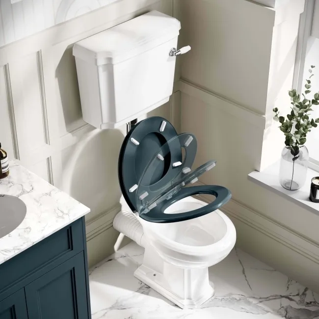 Hudson Traditional Toilet With Low-Level Cistern and Inky Blue Wooden Seat