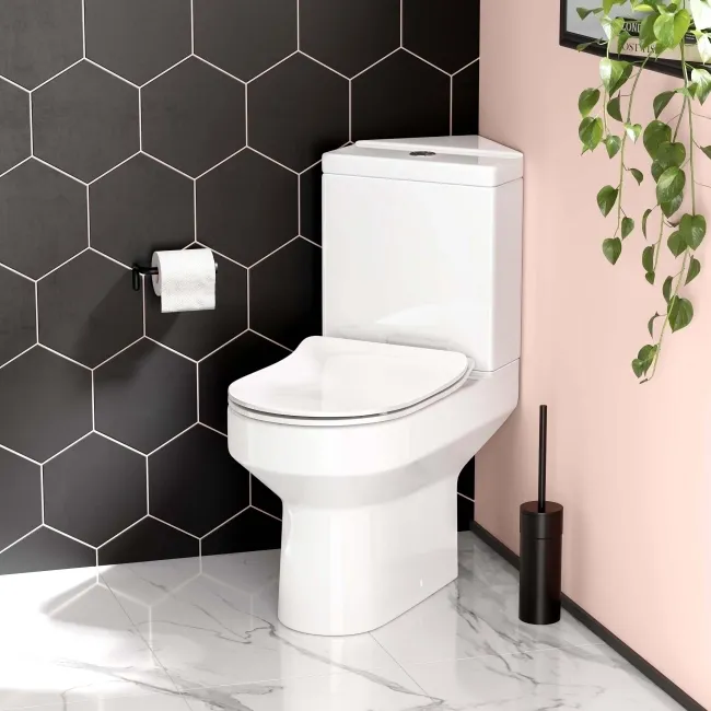 Denver Rimless Close Coupled Corner Toilet With Soft Close Slim Seat