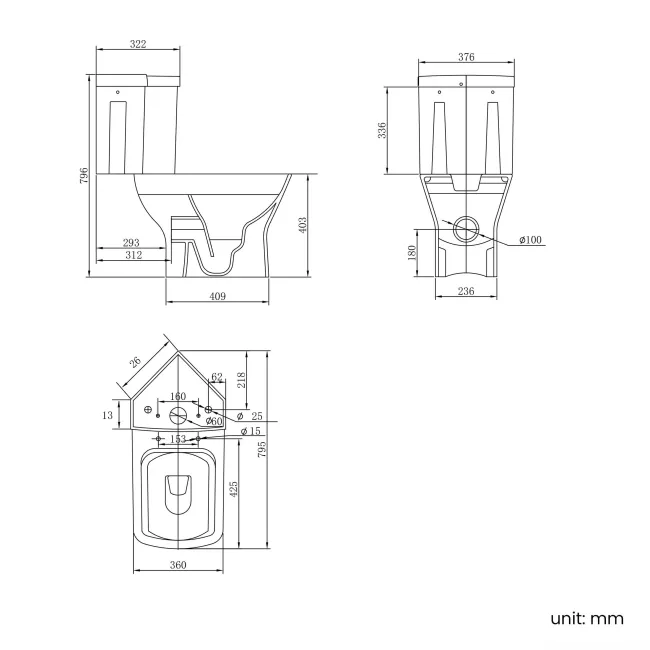 Atlanta Rimless Close Coupled Corner Toilet With Soft Close Slim Seat