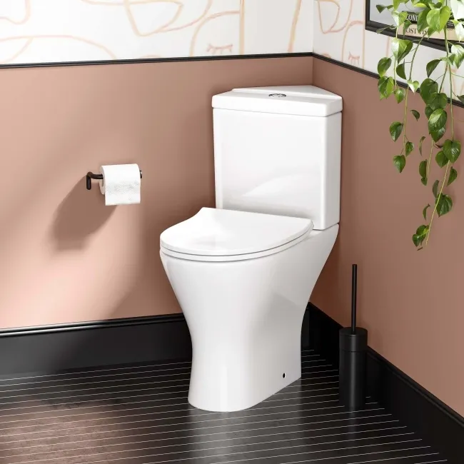 Orlando Rimless Comfort Height Close Coupled Corner Toilet With Soft Close Slim Seat