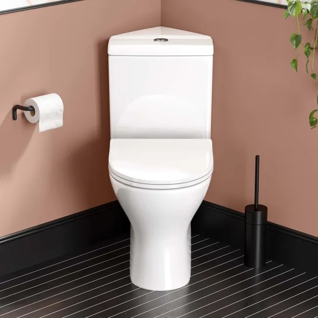 Orlando Rimless Fully Back to Wall Close Coupled Corner Toilet With Soft Close Slim Seat