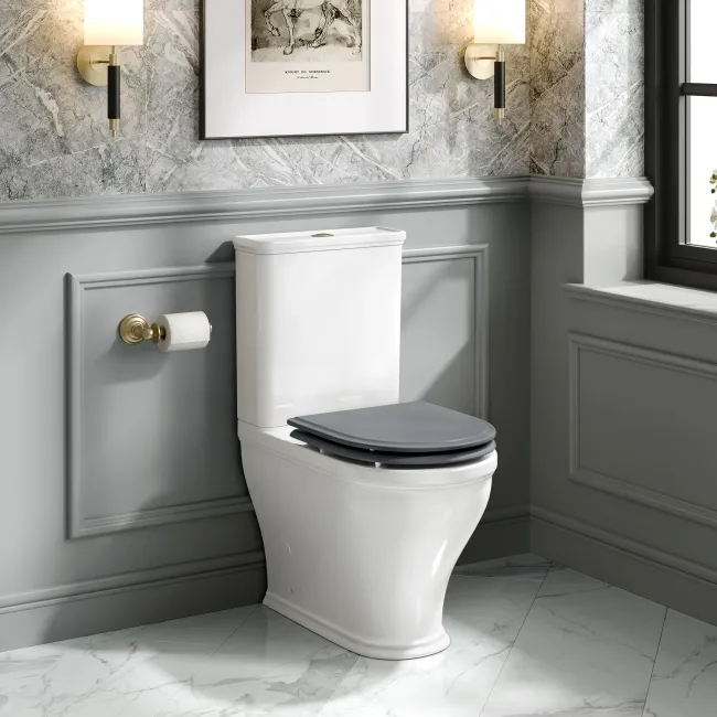 Kansas Traditional Rimless Close Coupled Toilet With Dove Grey Wooden Seat - Brushed Brass Hinges