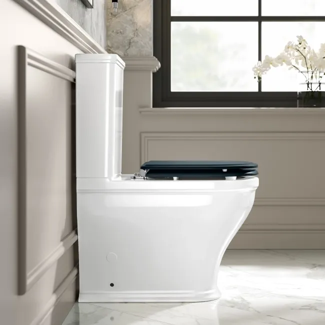 Kansas Traditional Rimless Close Coupled Toilet With Inky Blue Wooden Seat