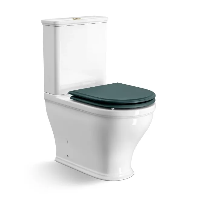 Kansas Traditional Rimless Close Coupled Toilet With Midnight Green Wooden Seat - Brushed Brass Hinges