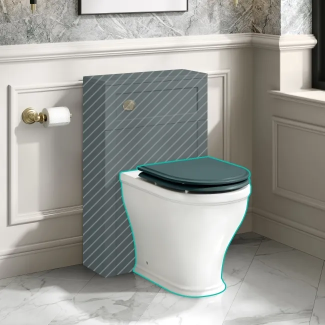 Kansas Traditional Rimless Back To Wall Toilet With Midnight Green Wooden Seat - Brushed Brass Hinges