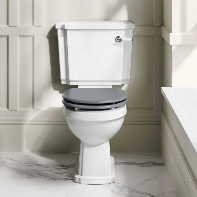 Hudson Traditional Toilet With Dove Grey Seat & Pedestal Basin Set - Double Tap Hole
