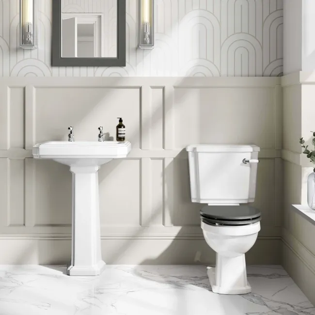 Hudson Traditional Toilet With Graphite Grey Seat & Pedestal Basin Set - Double Tap Hole