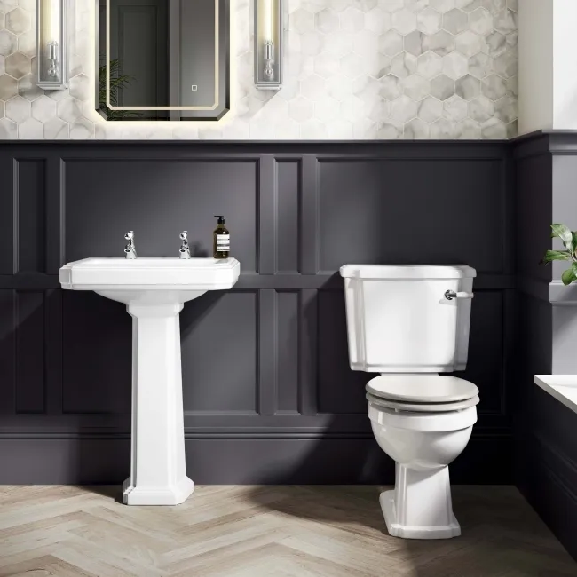 Hudson Traditional Toilet With Cotton White Seat & Pedestal Basin Set - Double Tap Hole