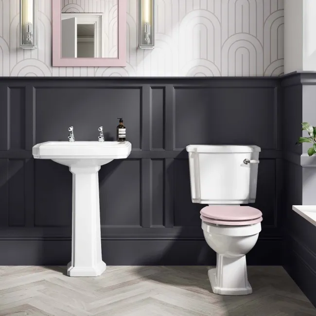 Hudson Traditional Toilet With Cashmere Pink Seat & Pedestal Basin Set - Double Tap Hole