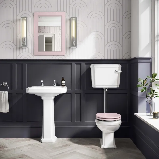 Hudson Traditional Low-Level Toilet With Cashmere Pink Seat & Pedestal Basin - Double Tap Hole