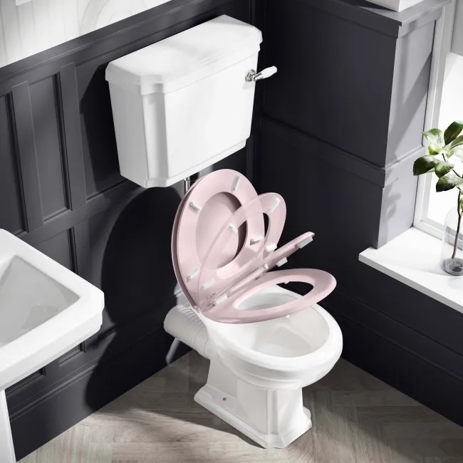 Hudson Traditional Low-Level Toilet With Cashmere Pink Seat & Pedestal Basin - Double Tap Hole