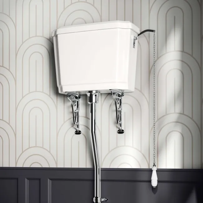 Hudson Traditional High-Level Toilet With Cashmere Pink Seat & Pedestal Basin - Double Tap Hole