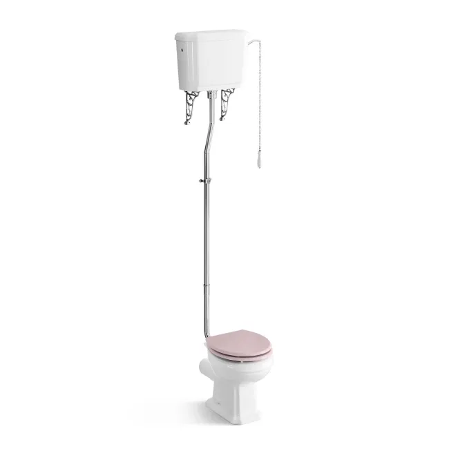 Hudson Traditional High-Level Toilet With Cashmere Pink Seat & Pedestal Basin - Double Tap Hole