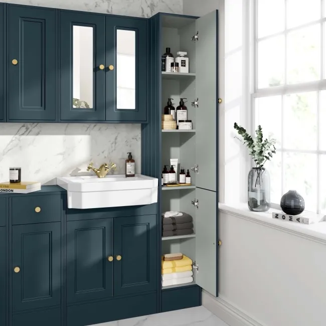 Monaco Inky Blue Floor Standing Tall Cabinet Unit 1900x300mm - Brushed Brass Accents