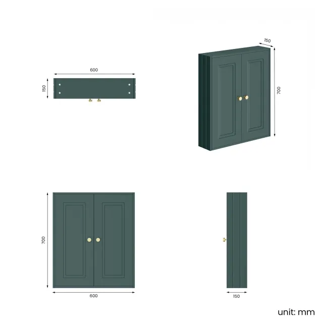 Midnight Green Wall Hung Cabinet 700x600mm - Brushed Brass Accents