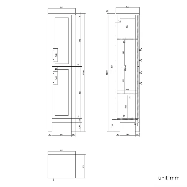 Bermuda Dove Grey Floor Standing Tall Cabinet 1500x350mm - Brass Knurled Handles
