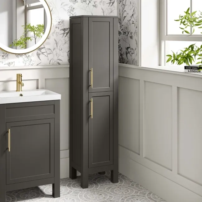 Bermuda Graphite Grey Floor Standing Tall Cabinet 1500x350mm - Brass Knurled Handles
