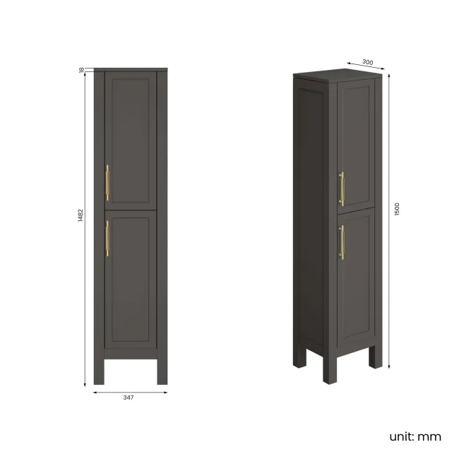 Bermuda Graphite Grey Floor Standing Tall Cabinet 1500x350mm - Brass Knurled Handles