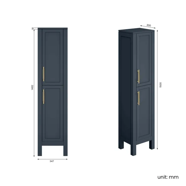 Bermuda Inky Blue Floor Standing Tall Cabinet 1500x350mm - Brass Knurled Handles