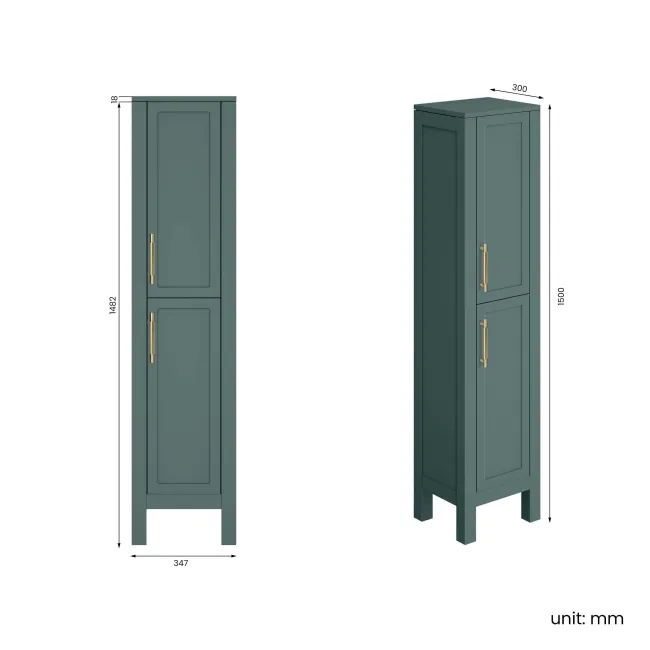 Bermuda Midnight Green Floor Standing Tall Cabinet 1500x350mm - Brass Knurled Handles